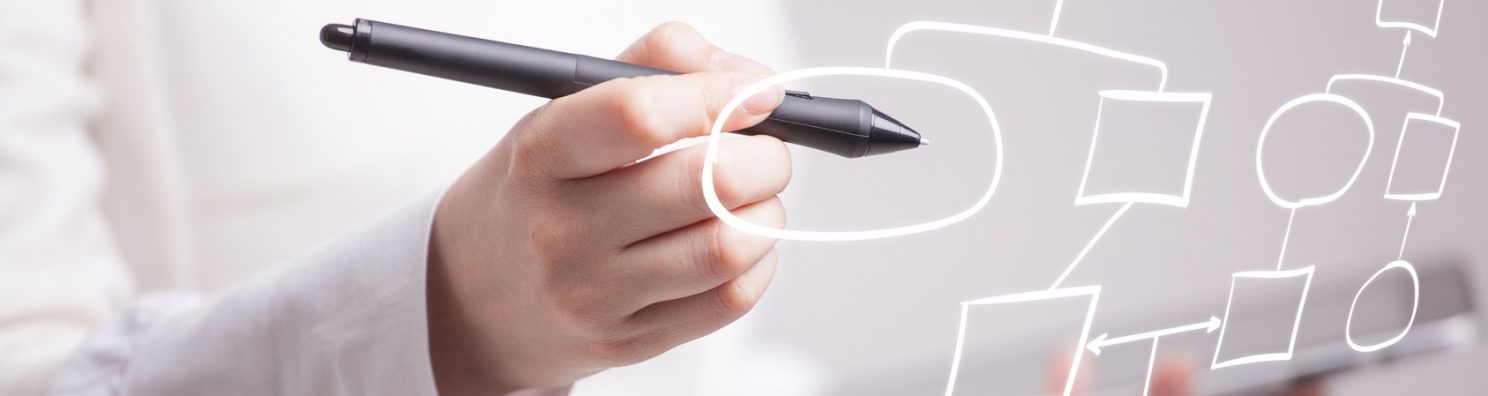 Businesswoman drawing flowchart, business process concept on grey background.