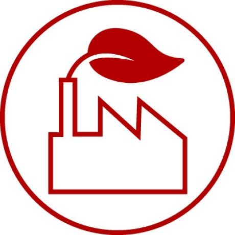 Icon with leaf over factory symbol, gree, sustainability, sustainable, environment