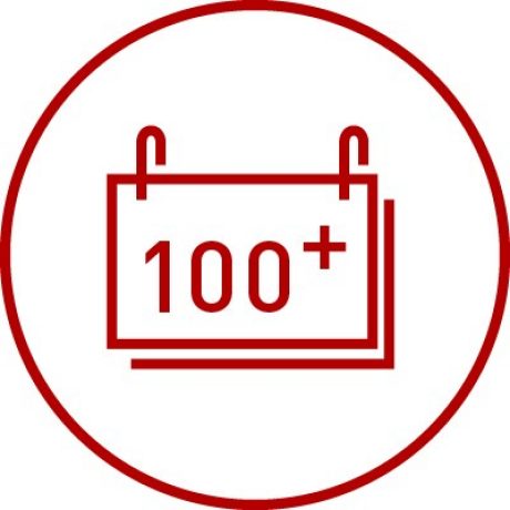 Icon with calendar and 100+ symbolizing long lasting products, longevity, century