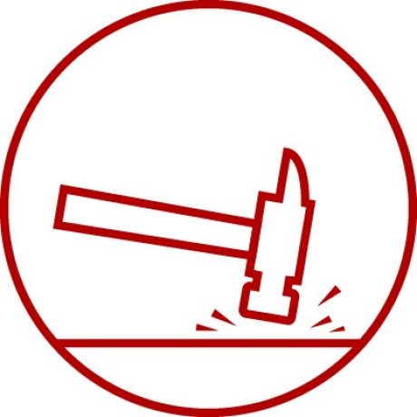 Icon showing hammer symbolizing shock-resistance, impact resistant, durable