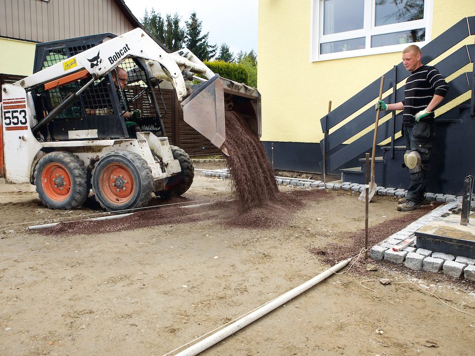 gravel, construction worker, wheel loader, entrance