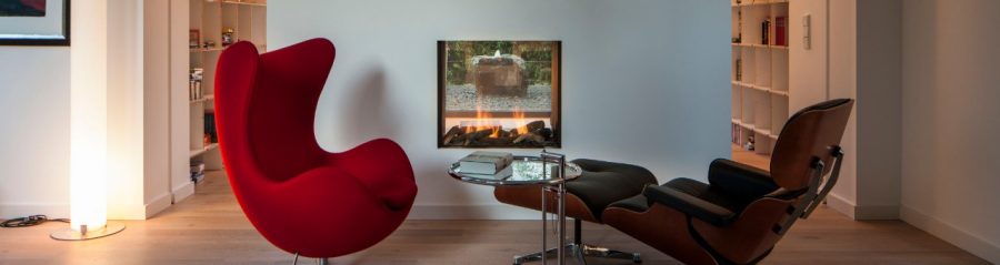 living room; fireplace; chairs; armchair; red chair; ambience; product: Poroton T8-P