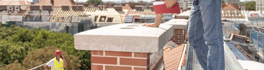 Urban roofers checking brick chimney on roof wearing hard hat and saftey jacket talking on the phone