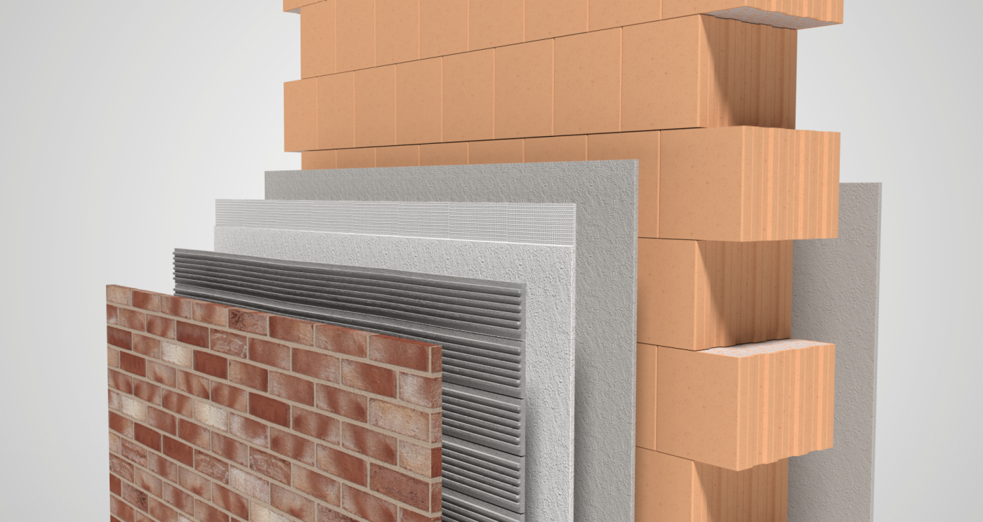 3D Wandaufbau monolithisch mit Riemchenbekleidung