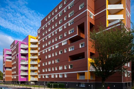 Collective dwelling with three buidings : Vaucluse, Vercors et Vendée. Siding's implementation. Résidence Les Vergers, Quartier Vétérans-pont-de-Bois, Rue des vergers 59650 Villeneuve d'Ascq. Panels Argeton Argelite Rouge Brun.