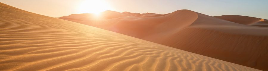 Sunset in the desert landscape, illuminating the rippled sand dunes, United Arab Emirates. 