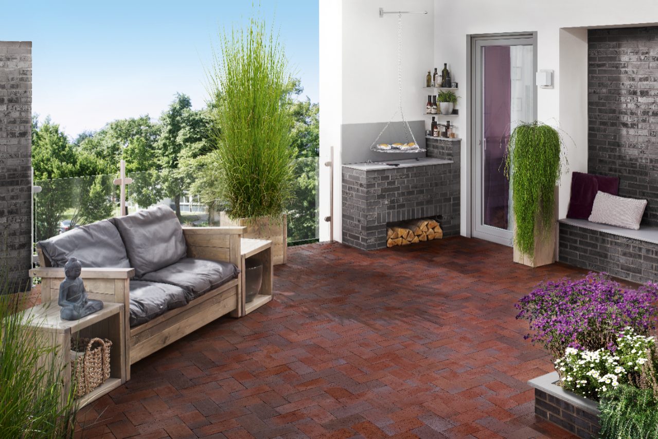 penter, Pflasterstein, Terrasse, Bank, Pflanze, terca