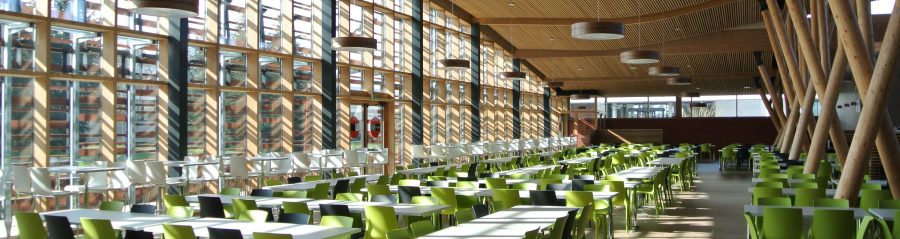 University restaurant including a kitchen, a restoration room, a VIP room and a take away. Building with a green roof and a fired clay facade. National Winner of  wood construction. Metz'In,  6 Rue Augustin Fresnel, 57070 Metz. Panels Argeton Barro Rouge naturel.