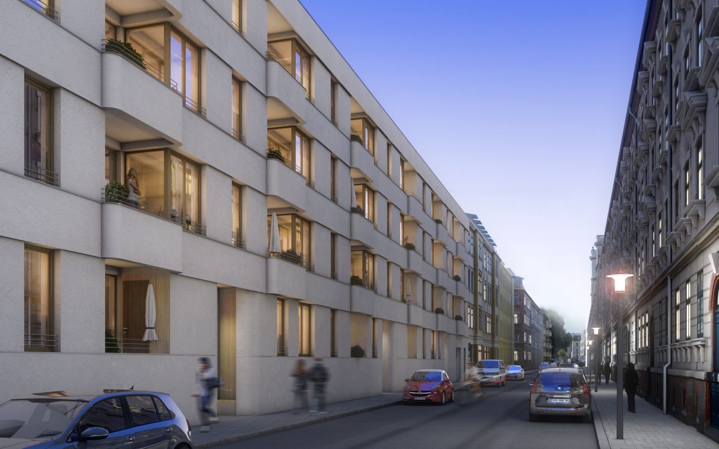 Das Rendering bei Abendlicht zeigt, wie der Gebäudekomplex durch Vor- und Rücksprünge sowie die gliedernde Bänderung der 55 Meter langen Fassade zeitgemäße Akzente im historischen Kontext setzt.