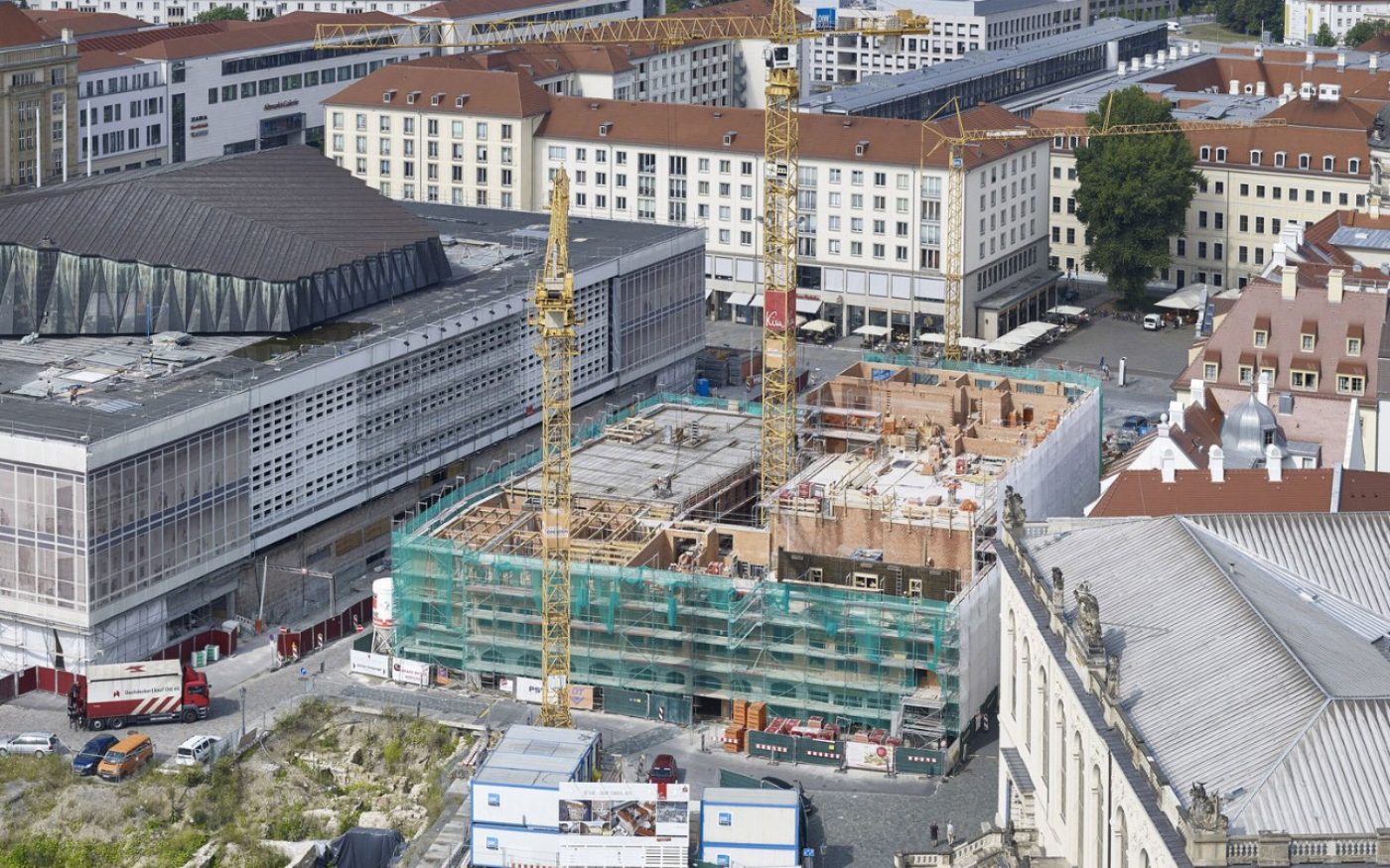 Construction site, building, bird's eye view, crane, progress