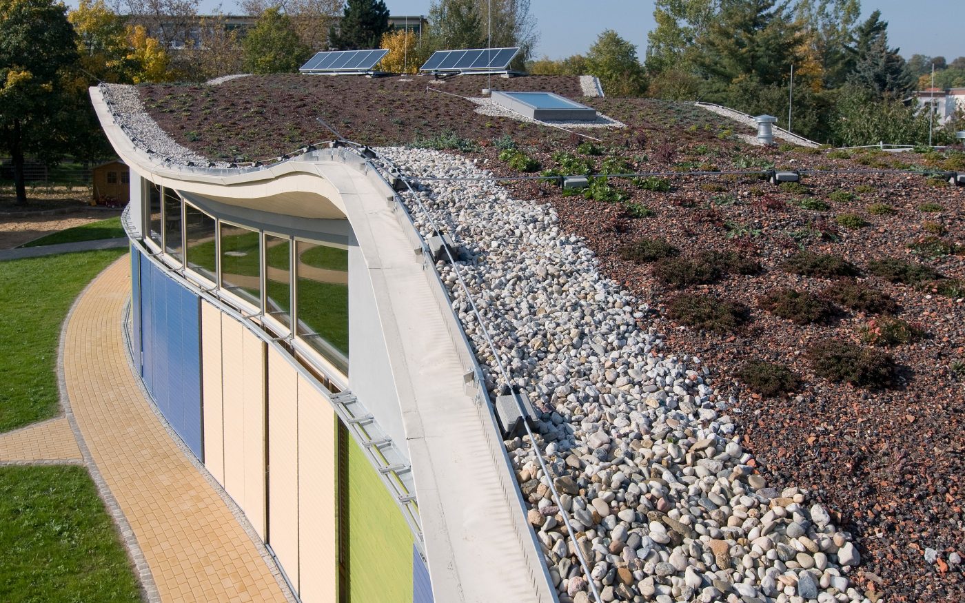 View from above of a day care center, you can see the roof and solar panels, T8-36,5-P