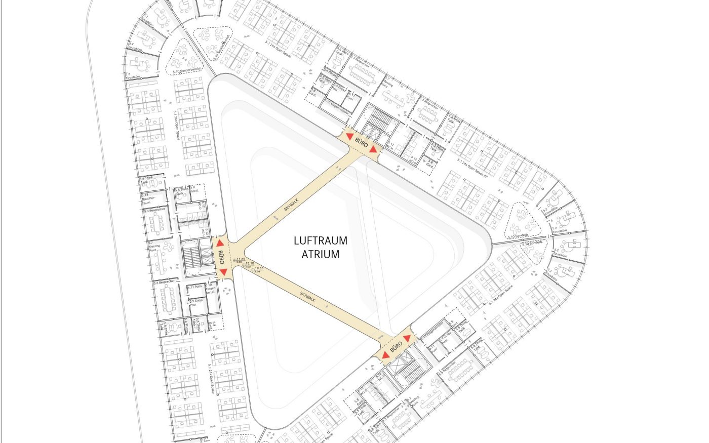 Grundriss Regelgeschoss/ Luftraum Atrium.