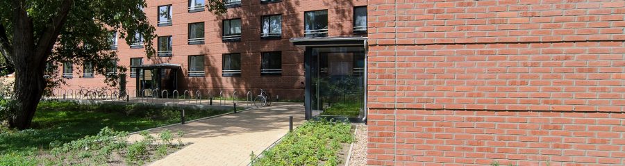 Entrance area of a dormitory, trees, green area, building, Campus 460