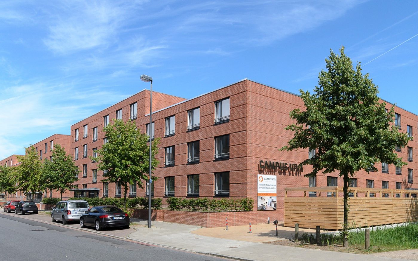 Dormitory outside view, parking cars, small green area and a street, Wohnheim Campus Bremen, Campus 460