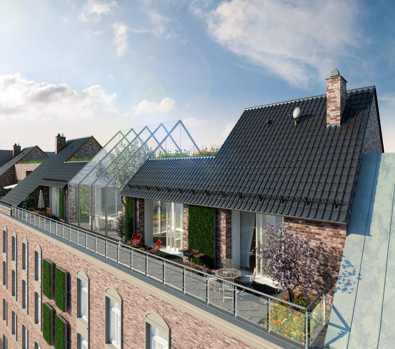 flat roof tile Alegra 15 anthracite with garden on the root top