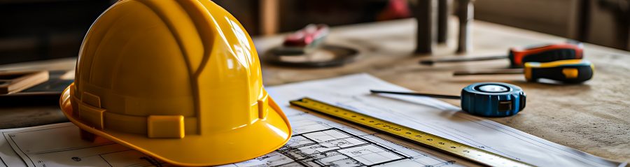 Yellow construction helmet placed on architectural blueprints with engineering tools at building site