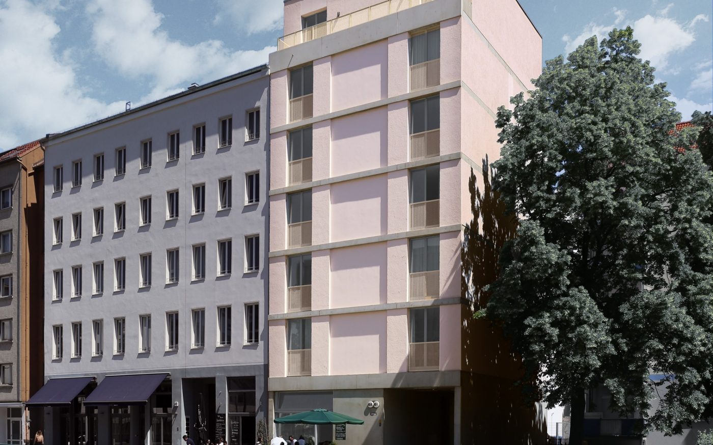 Der Neubau in der Chausseestraße ist ein siebengeschossiges Wohngebäude mit elf Wohnungen und einem Ladenlokal.