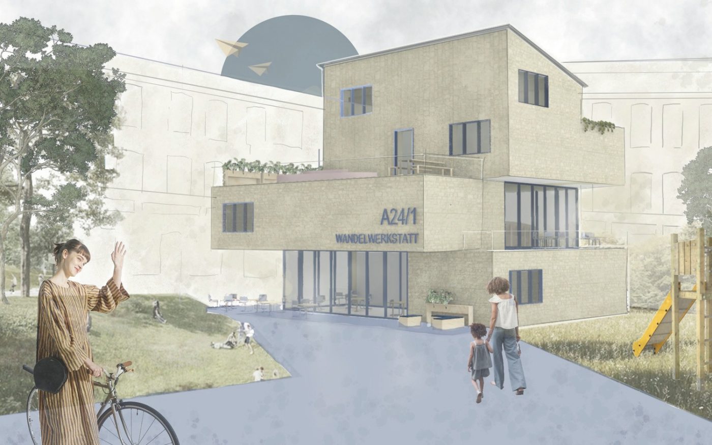 Der erste Preis und 5.000 Euro gingen an das Team der Technischen Hochschule Ostwestfalen-Lippe und den Entwurf „Wandelwerkstatt“. Die vier Studierenden wurden von Prof. Anna Tscherch betreut.