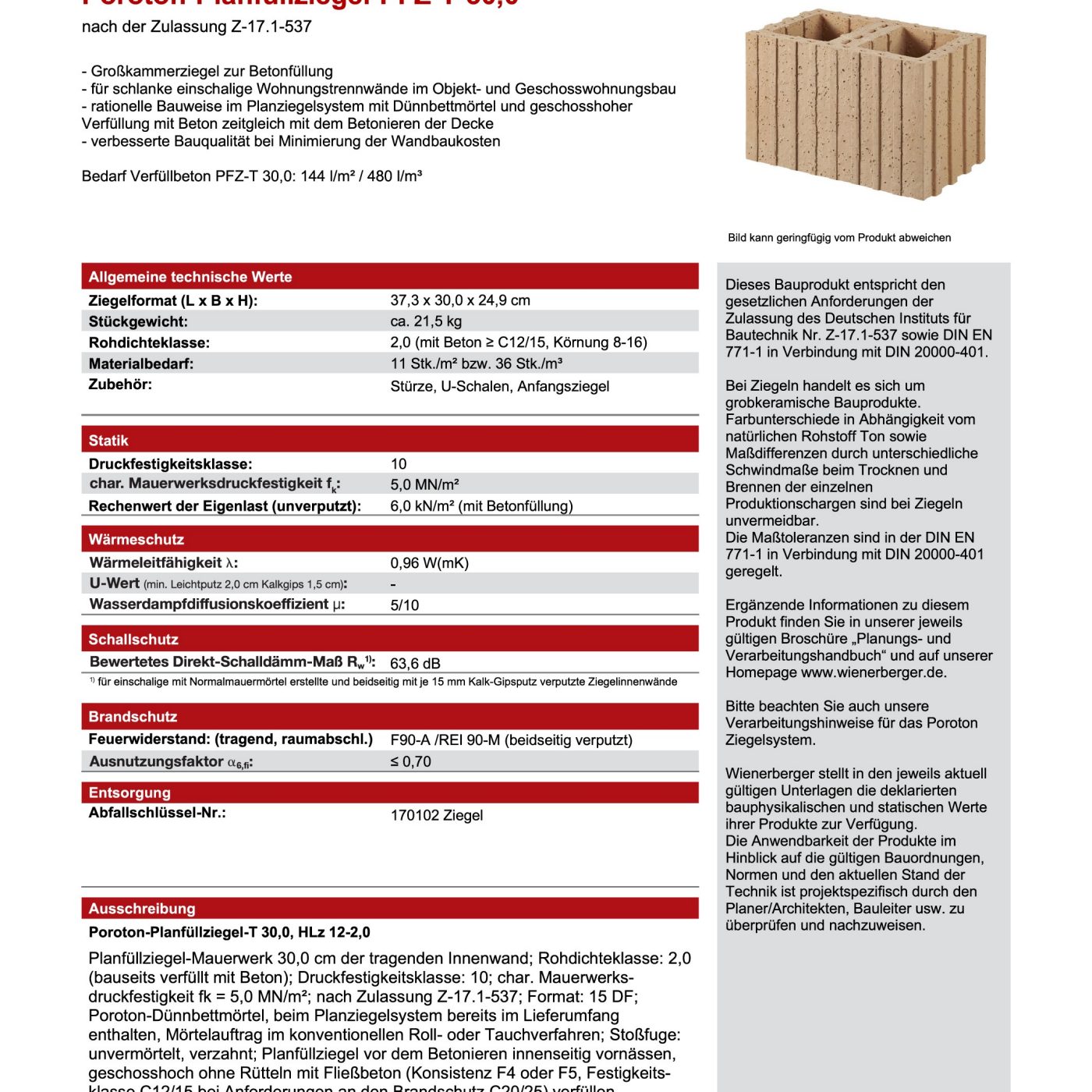 Poroton-Schalungsziegel SZ-T 24,0 (Schallschutzziegel)